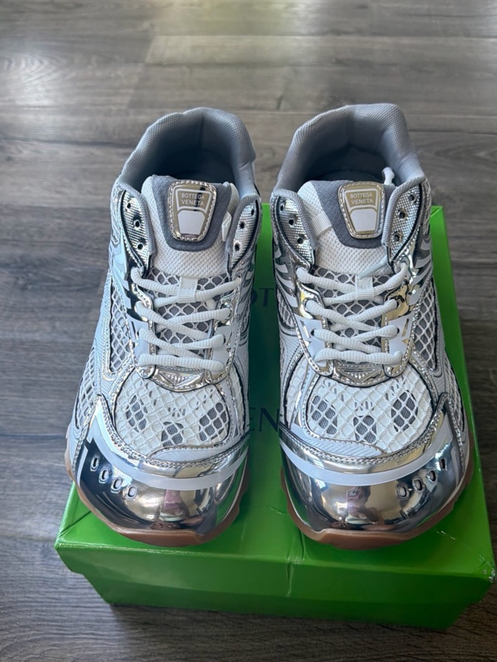 Bottega Veneta Silver & White Women’s Mesh Metallic Sneakers